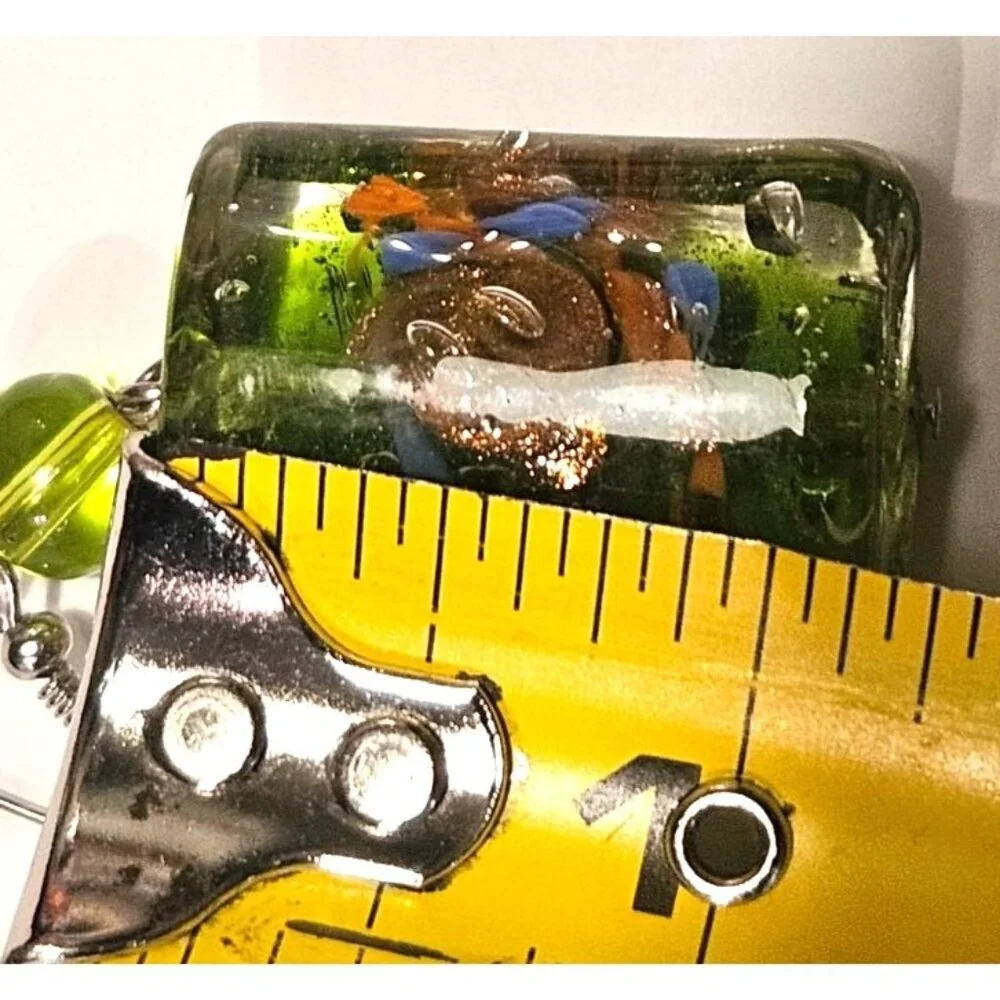 2 Vintage Earrings Hand Blown Art Glass Chunky Dangle With Hook Yellow‎ & Green